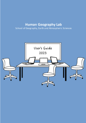 Cover of Human Geography lab user guide, illustration of table, chairs laptops and whiteboard.