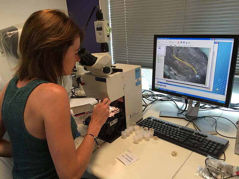 Dr Helen Green preparing mineral accretion samples for LA-ICPMS