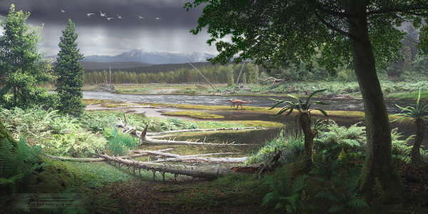 Digital illustration of a landscape full of vegetation in Gippsland with a dinosaur in the background.