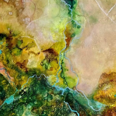 A colourful painting of a birds eye view of a landscape, mines, bodies of water, vegetation, etc.