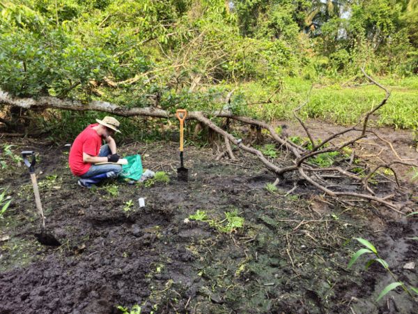 Man taking soil samples of mud, surrounded by vegetation.