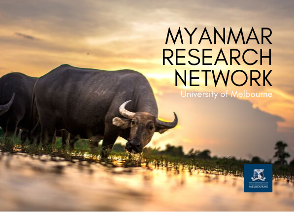 a buffalo looking at water - the text reads 'myanmar research network