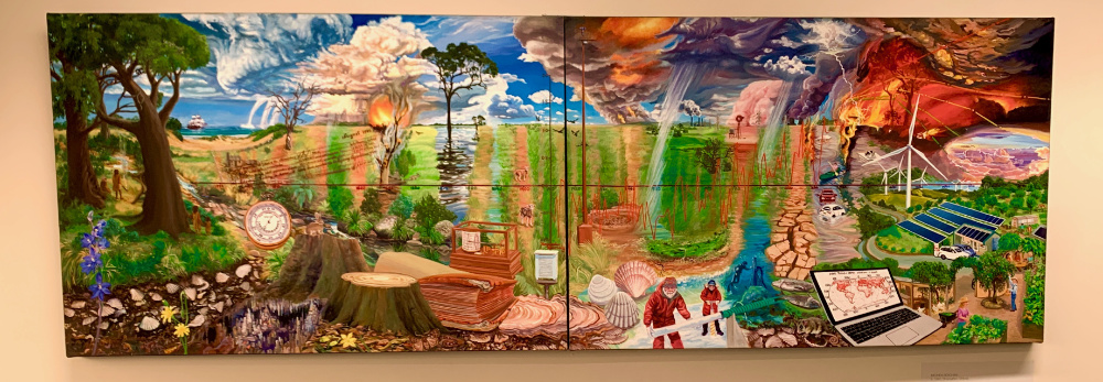 Painting on canvas of a landscape showing many different biomes, weather, landscapes and renewable energies.