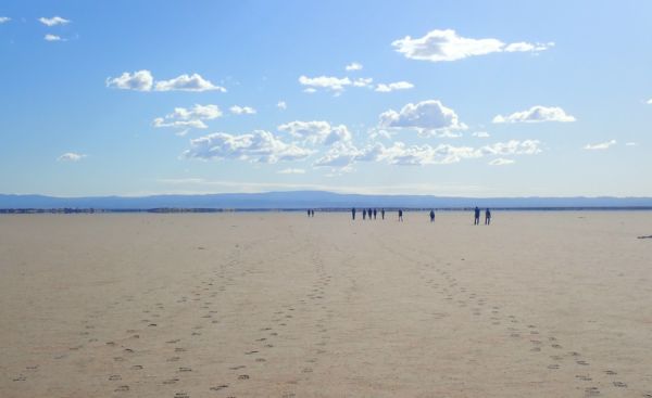 People on a salt flat walking toward the horizon.