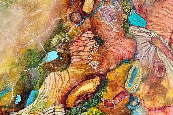 A colourful painting of a birds eye view of a landscape, mines, bodies of water, vegetation, etc.