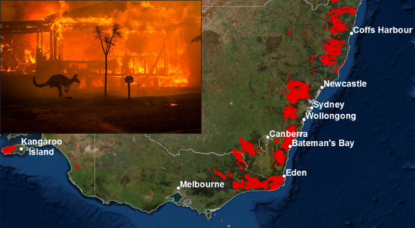 Thermal map imagery of the eastern coast of Australia with an overlay image of a bushfire.