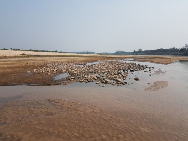 Still water on a rocky muddy shore.