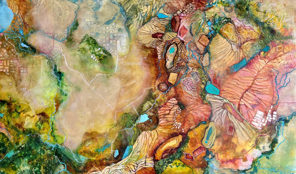 Painting on canvas of satellite view of landscape.